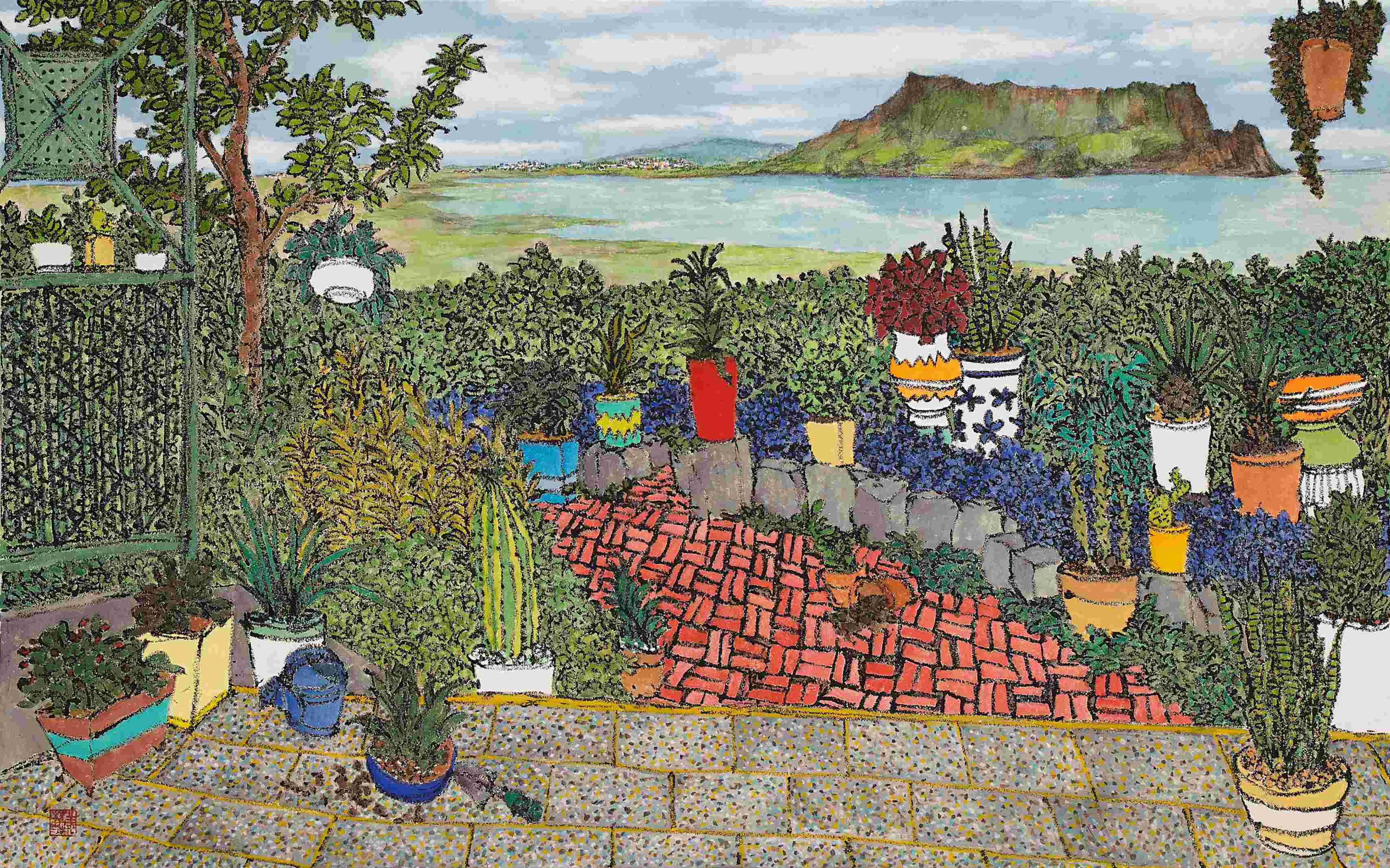 (크기조정) 강재희. 아버지의 정원-성산 일출봉. 장지,오일스틱,목, 채색. 99.5x159.5cm.2025